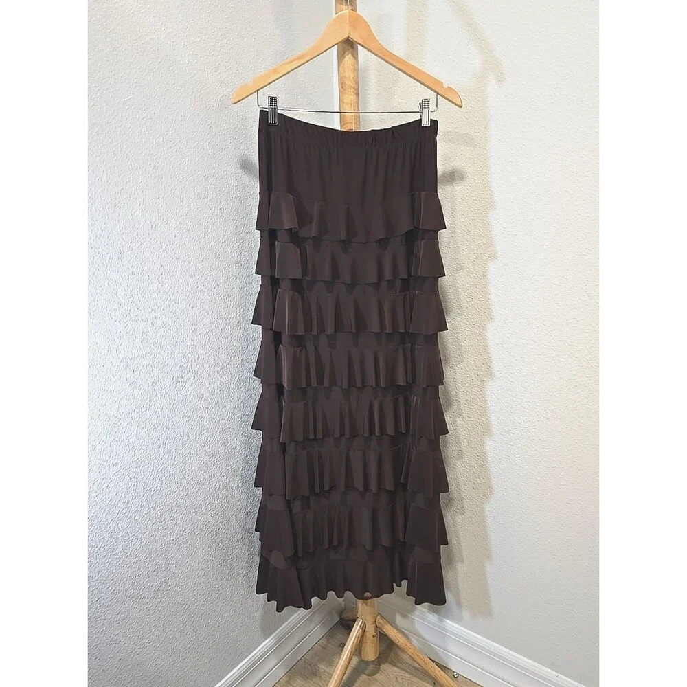 Vtg Tiered Ruffle Maxi Skirt Medium Chocolate Brown Modest Parisian Boho Cottage